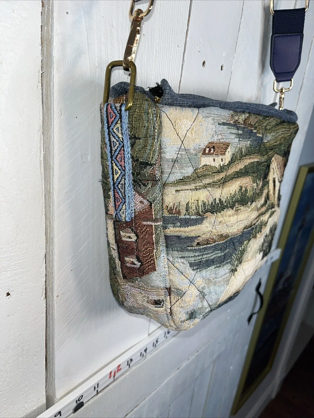Handmade Upcycled Denim Embroidered Vintage Tapestry Bag w/Jean Pockets C801-21
