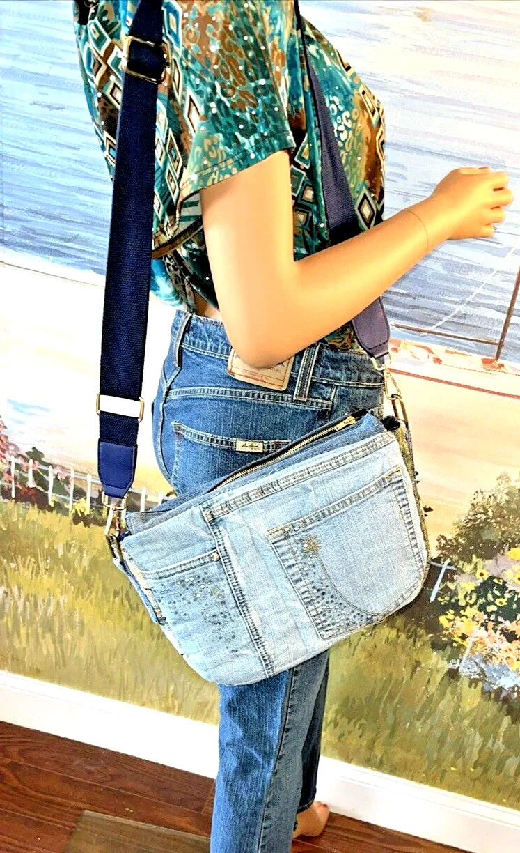 Handmade Upcycled Denim Embroidered Vintage Tapestry Bag w/Jean Pockets C801-21