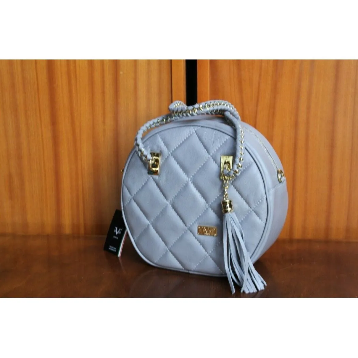 NWT, Versace, dove gray quilted leather, round, canteen style, satchel, shoulder or cross body bag with two chain and leather handles