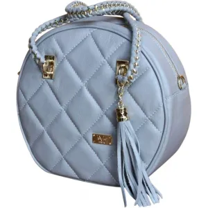 NWT, Versace, dove gray quilted leather, round, canteen style, satchel, shoulder or cross body bag with two chain and leather handles