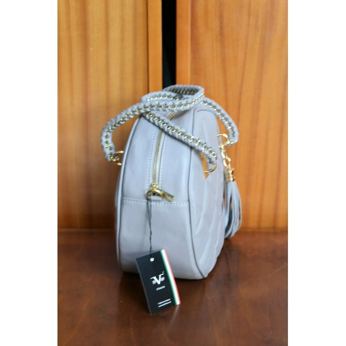 NWT, Versace, dove gray quilted leather, round, canteen style, satchel, shoulder or cross body bag with two chain and leather handles