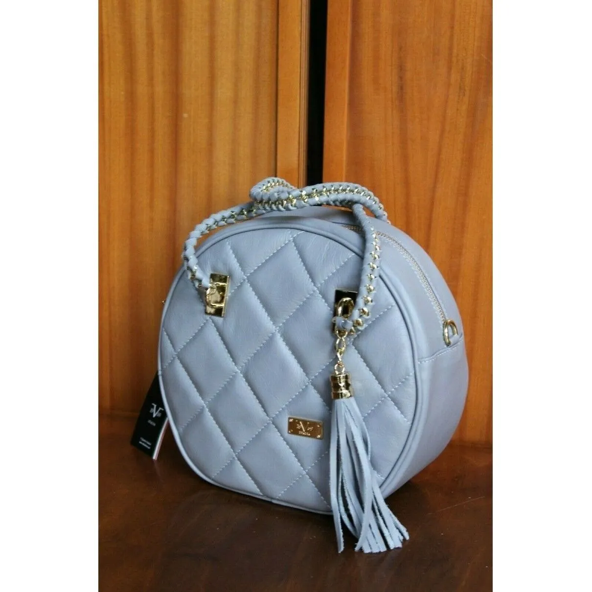 NWT, Versace, dove gray quilted leather, round, canteen style, satchel, shoulder or cross body bag with two chain and leather handles