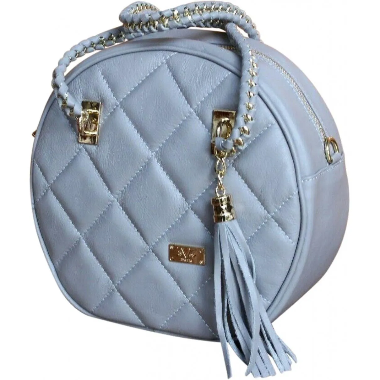 NWT, Versace, dove gray quilted leather, round, canteen style, satchel, shoulder or cross body bag with two chain and leather handles
