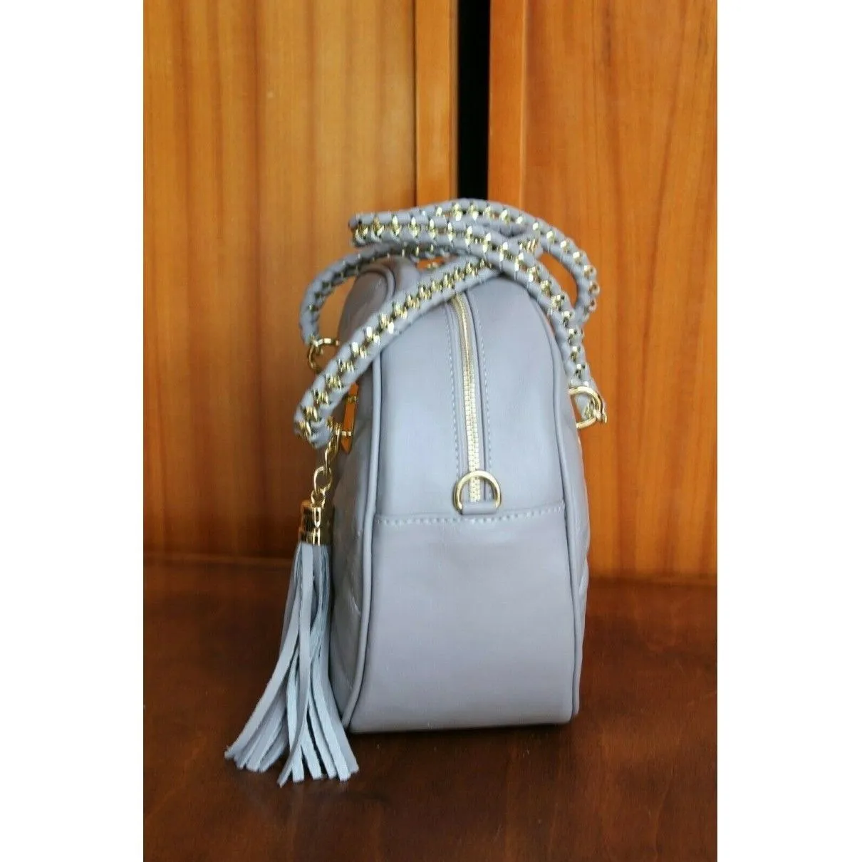 NWT, Versace, dove gray quilted leather, round, canteen style, satchel, shoulder or cross body bag with two chain and leather handles