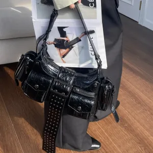 UAKISS  -  Fashion Rivets Girl Shoulder Crossbody Bag Y2K PU Leather Motorcycle Bag Large Capacity women Armpit Bag black