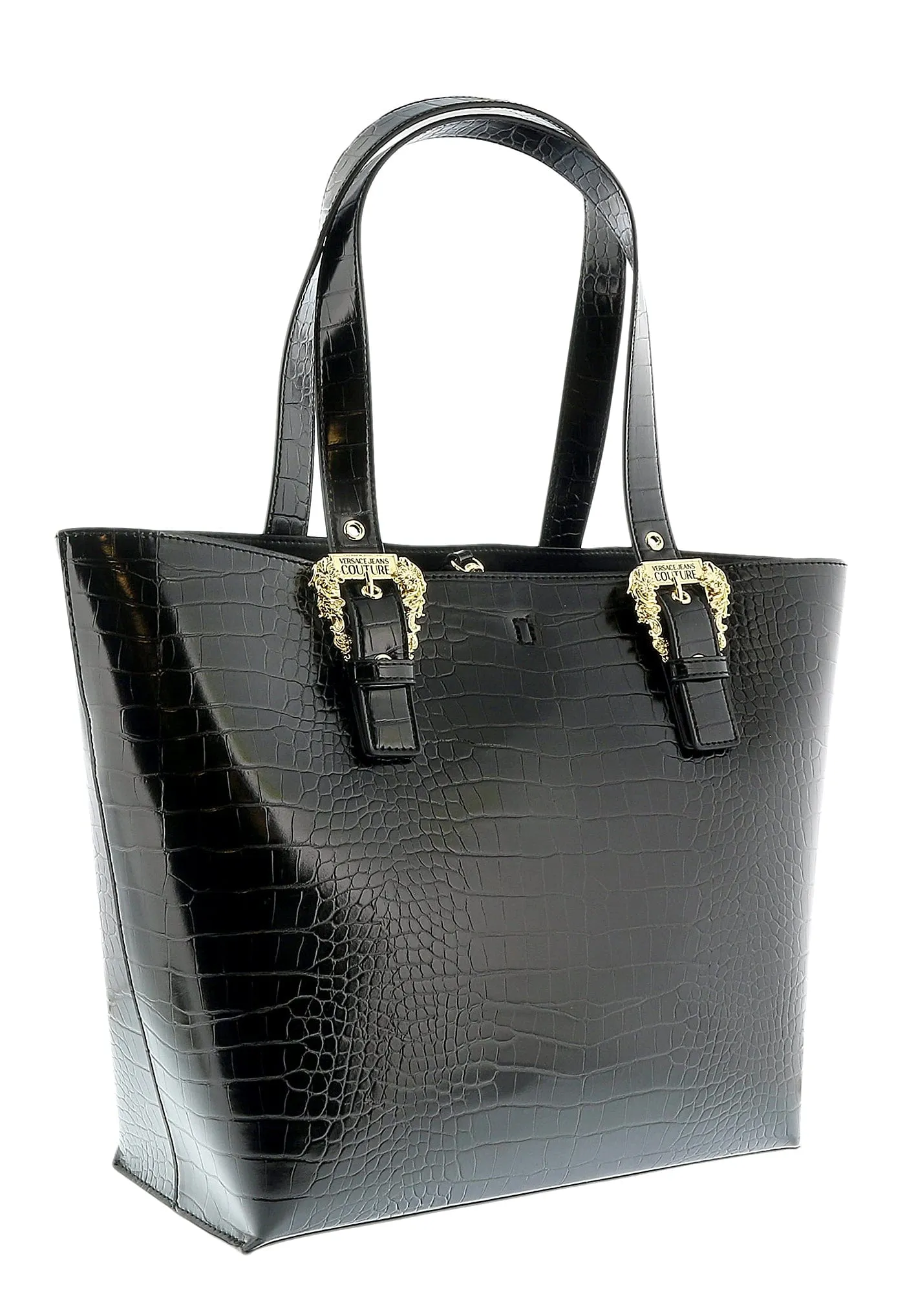 Versace Jeans Couture Black Croc Embossed Baroque Buckle Charm Shopper Tote