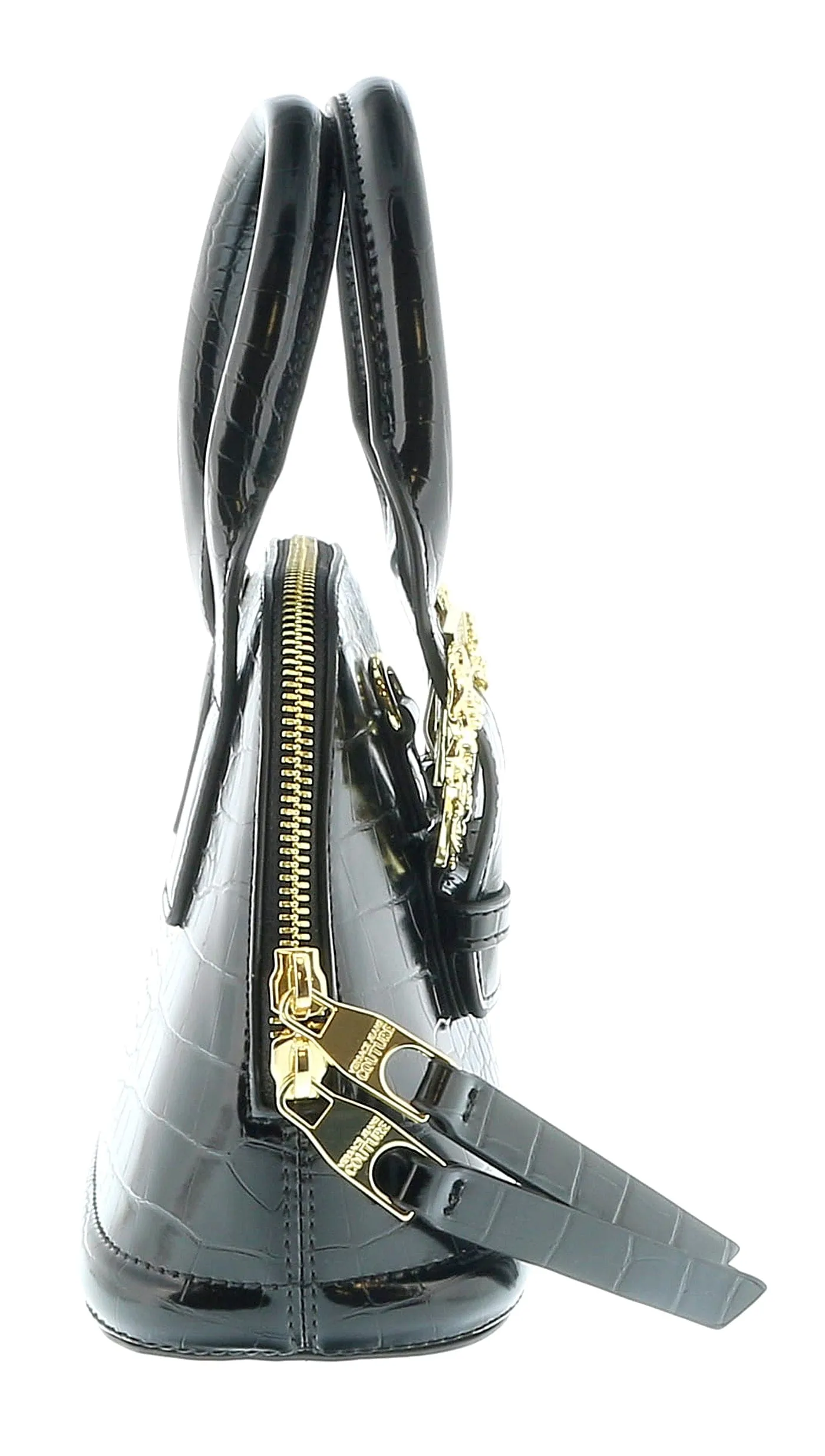 Versace Jeans Couture Black Croc Embossed Baroque Buckle Dome Satchel Bag