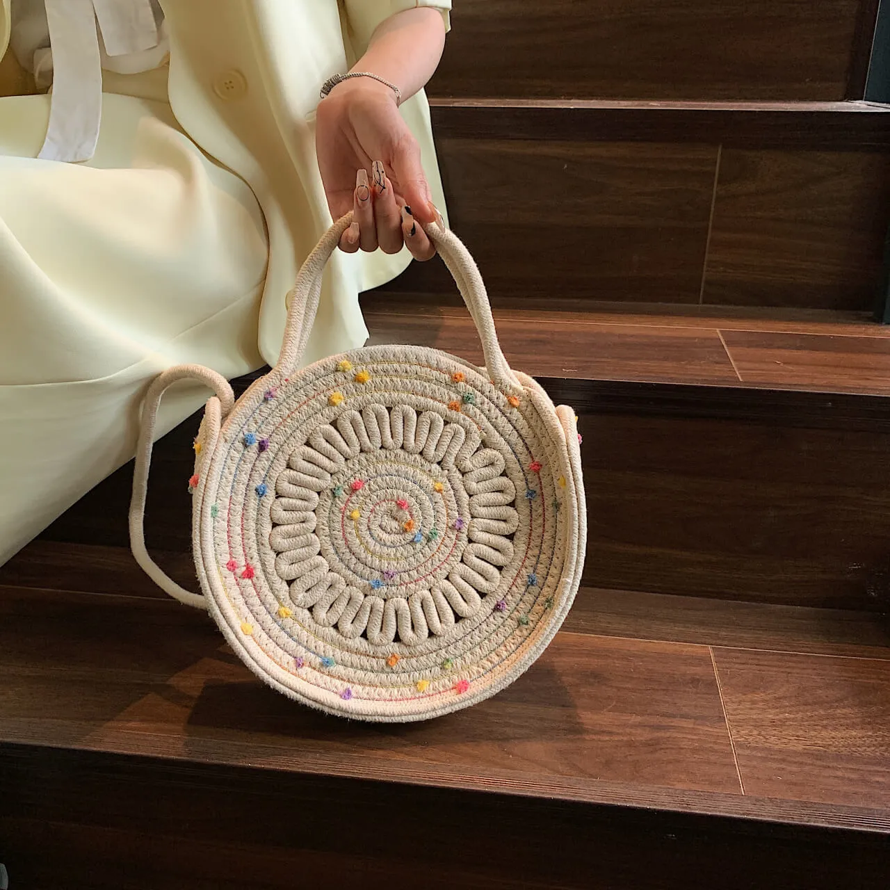 Woven Circle Round Crossbody Beach Bag -Showtown