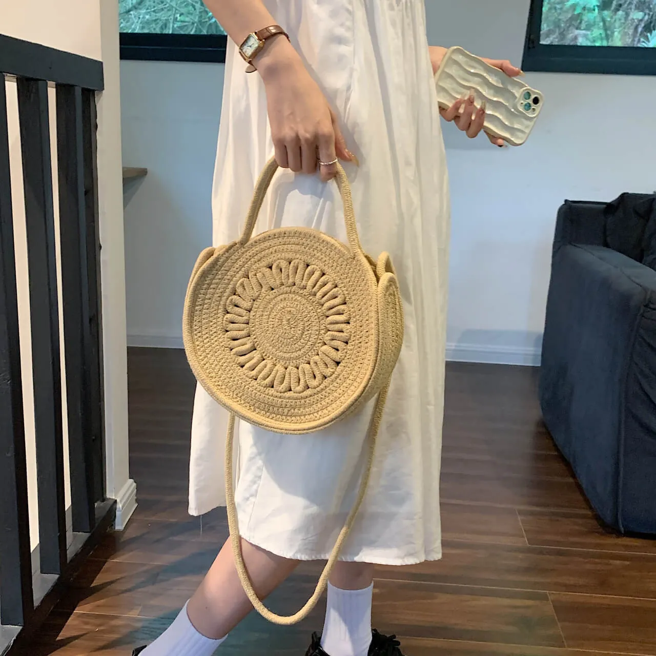 Woven Circle Round Crossbody Beach Bag -Showtown